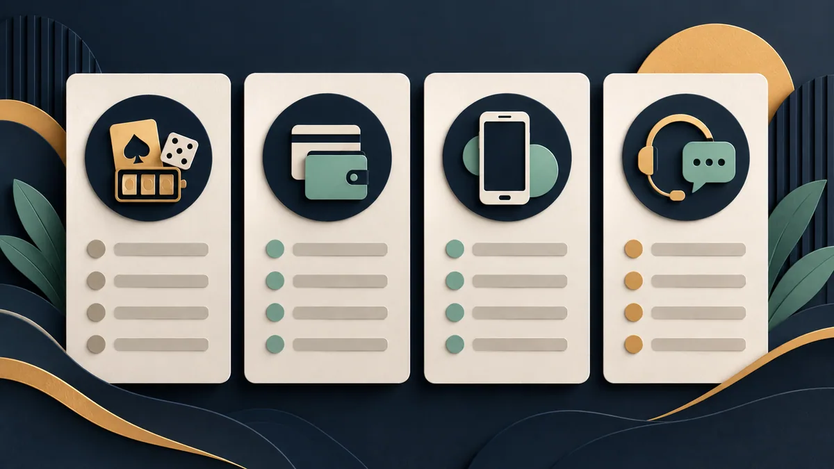 Quatro fichas abstratas para comparar jogos, pagamentos, celular e suporte. Guia: onde jogar aviator