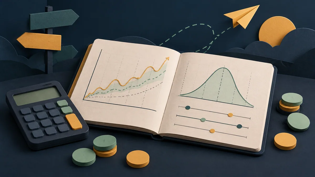 Caderno com gráficos abstratos e calculadora. Guia: predictor aviator