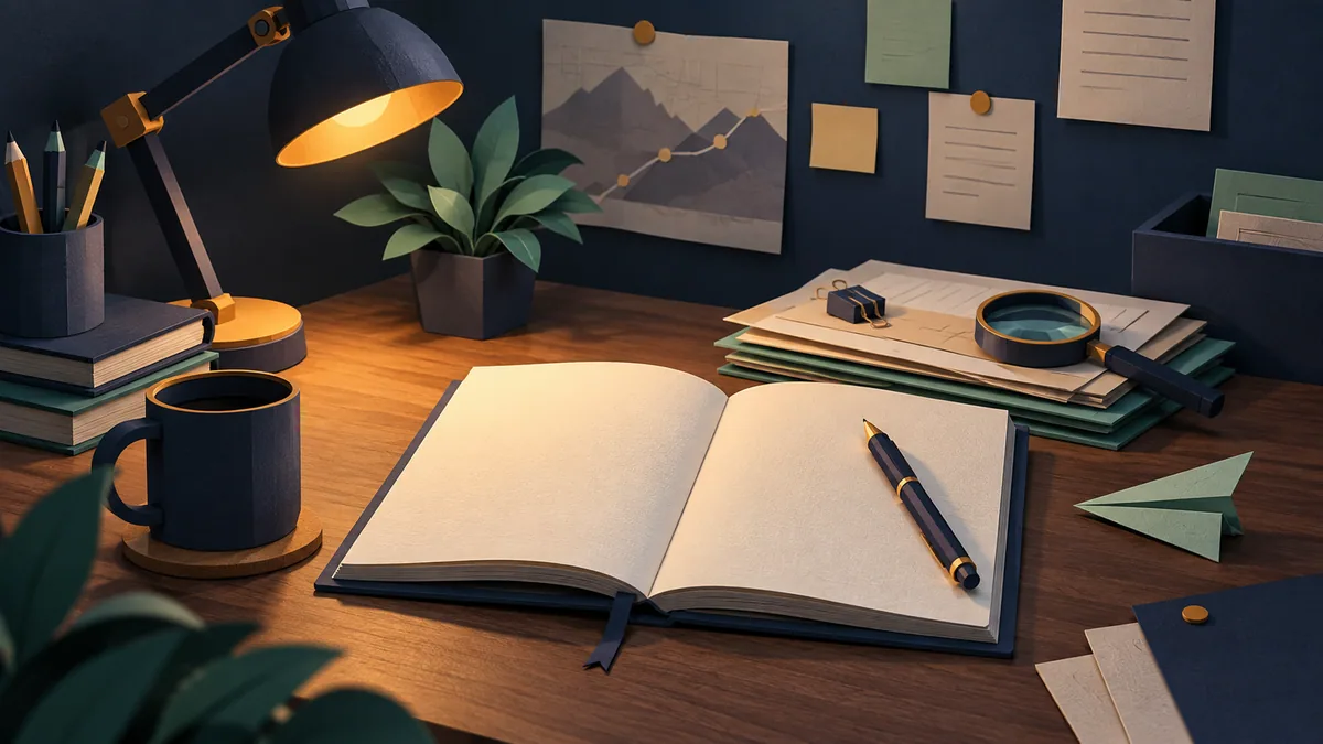 Mesa de trabalho com caderno, documentos e lupa. Guia: contato aposta avião