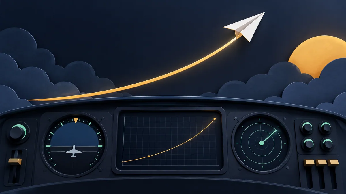 Ilustração de avião de papel sobre curva de voo e instrumentos abstratos. Guia: aviator demo