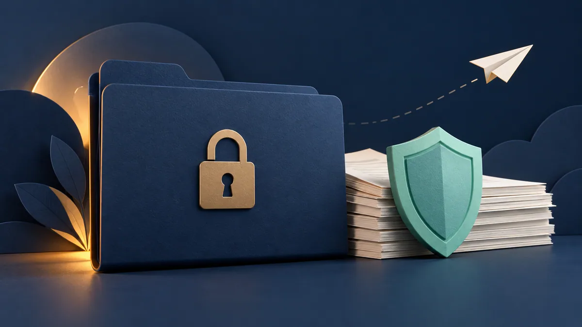 Pasta com cadeado, documentos e escudo. Guia: política de privacidade aposta avião