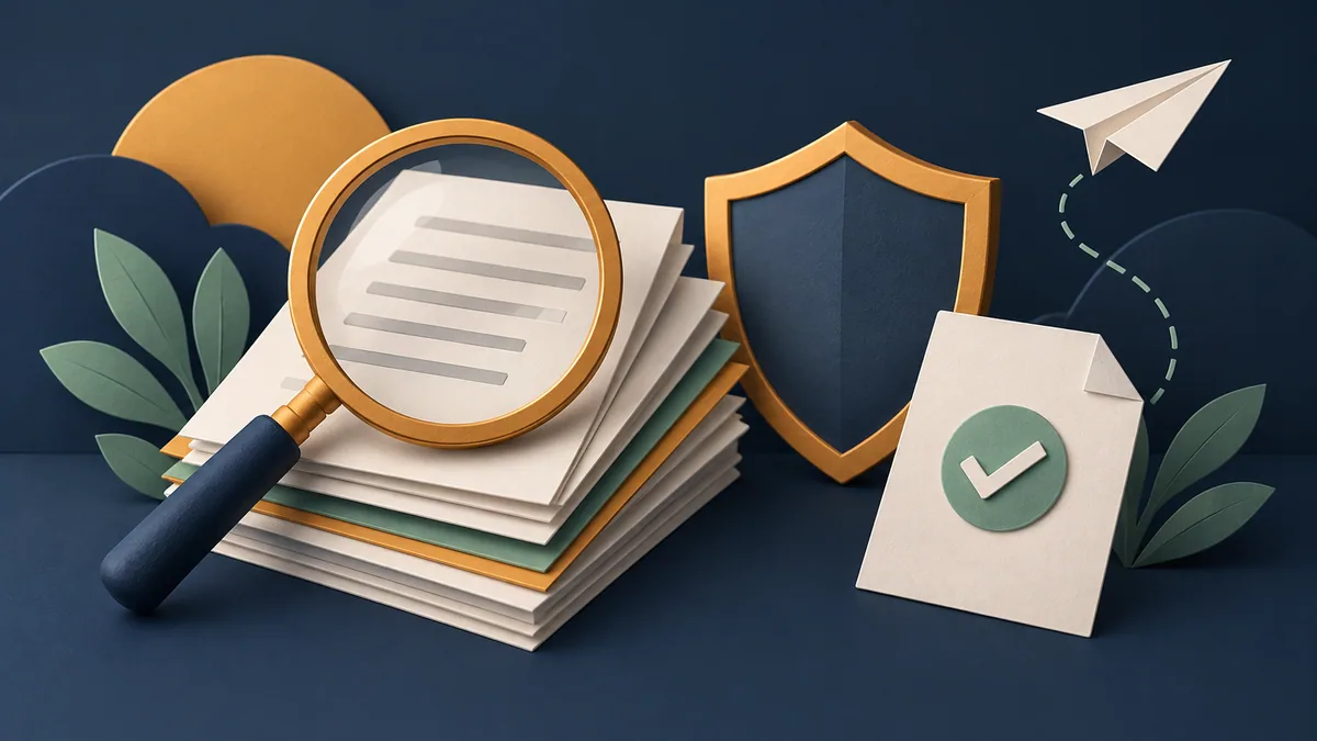 Lupa sobre documentos ao lado de um escudo. Guia: aviator provably fair