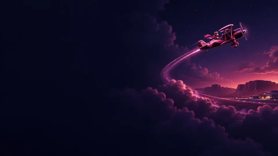 Ilustração editorial de aviatrix com avião vermelho sobre nuvens roxas