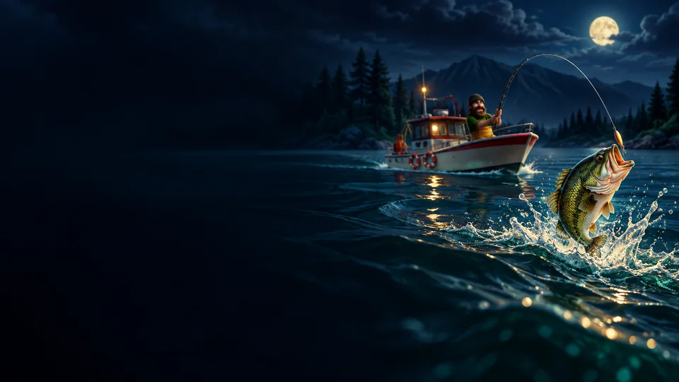 Ilustração editorial de bigbasscrash com barco e peixe saltando da água à noite