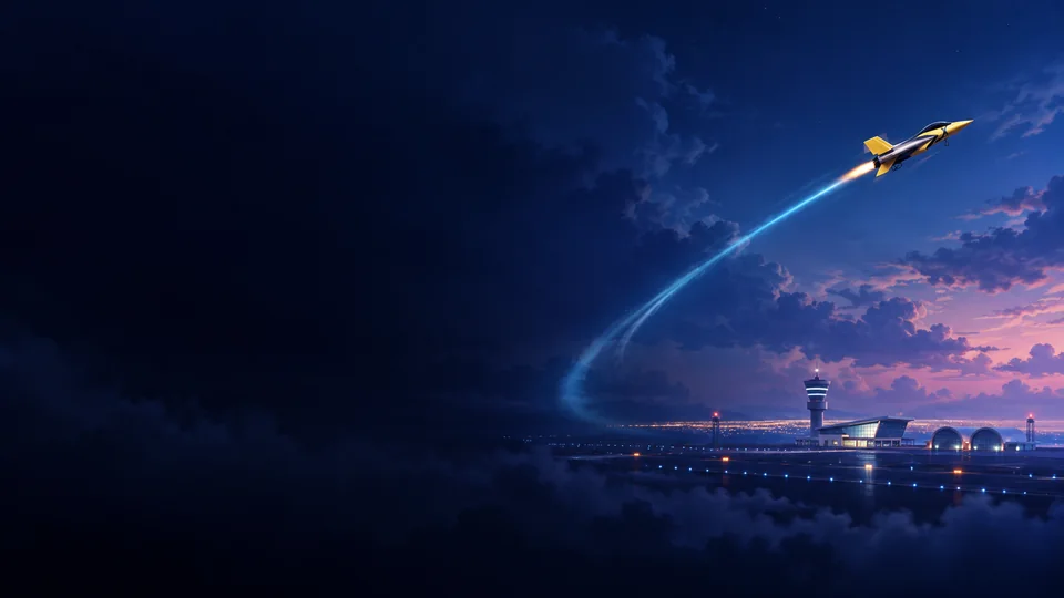 Ilustração editorial de jetx com jato e trilha azul sobre aeroporto ao anoitecer