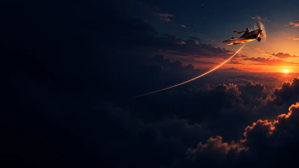 Ilustração editorial de pilot com avião cruzando o céu ao pôr do sol