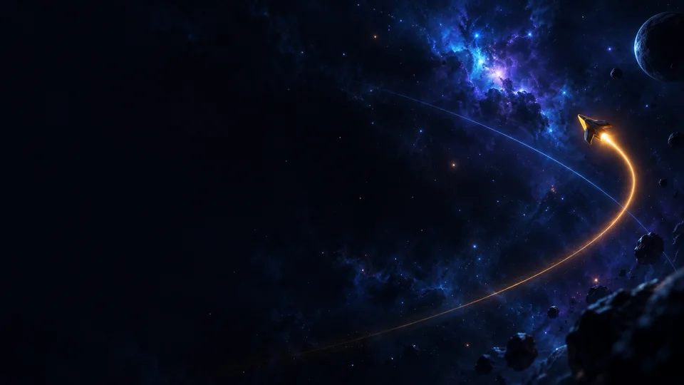 Ilustração editorial de spacexy com trilha luminosa entre planetas e estrelas