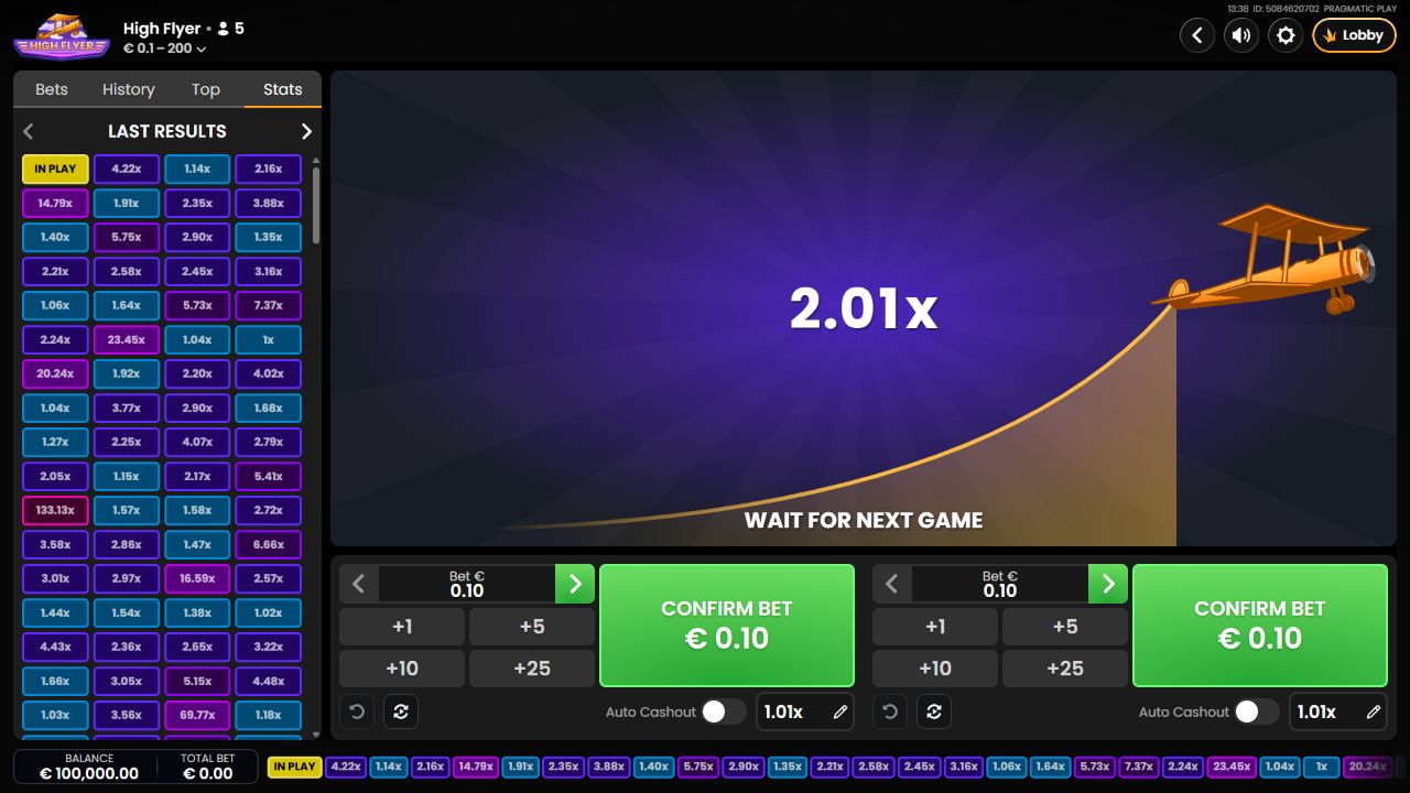 High Flyer com aba Stats aberta e lista de multiplicadores de rodadas anteriores