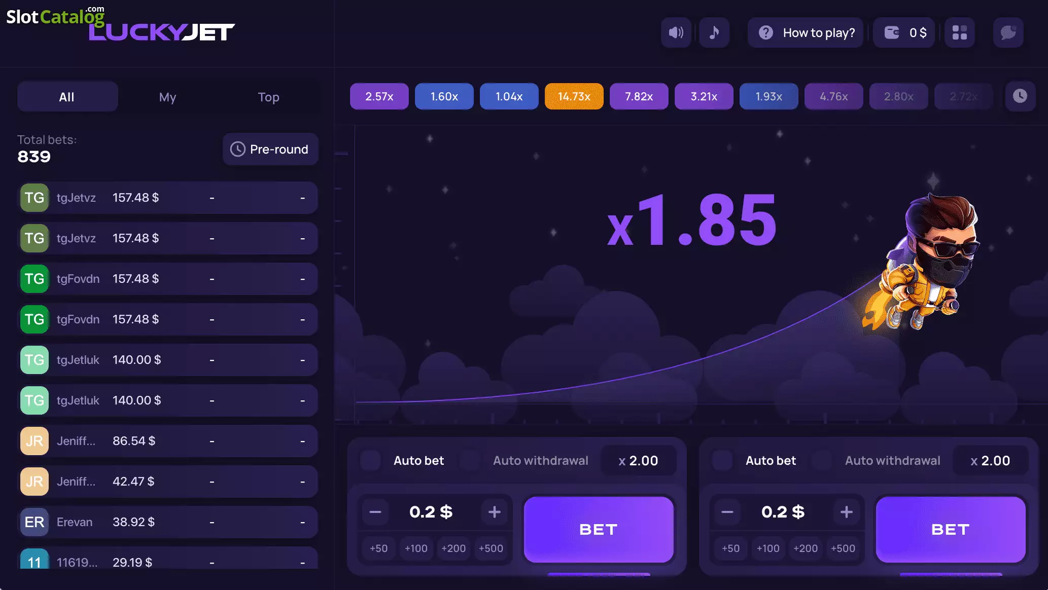 Tela de Lucky Jet publicada pelo catálogo consultado com multiplicador e dois painéis; não é captura de sessão própria