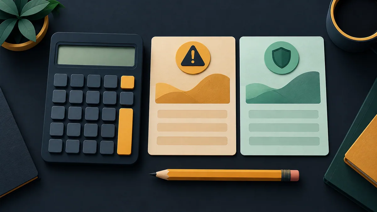 Calculadora e cartões de cenários hipotéticos em uma ilustração editorial