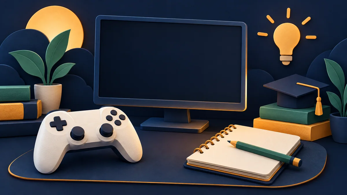 Controle de jogo, monitor vazio e caderno em uma ilustração sobre treino