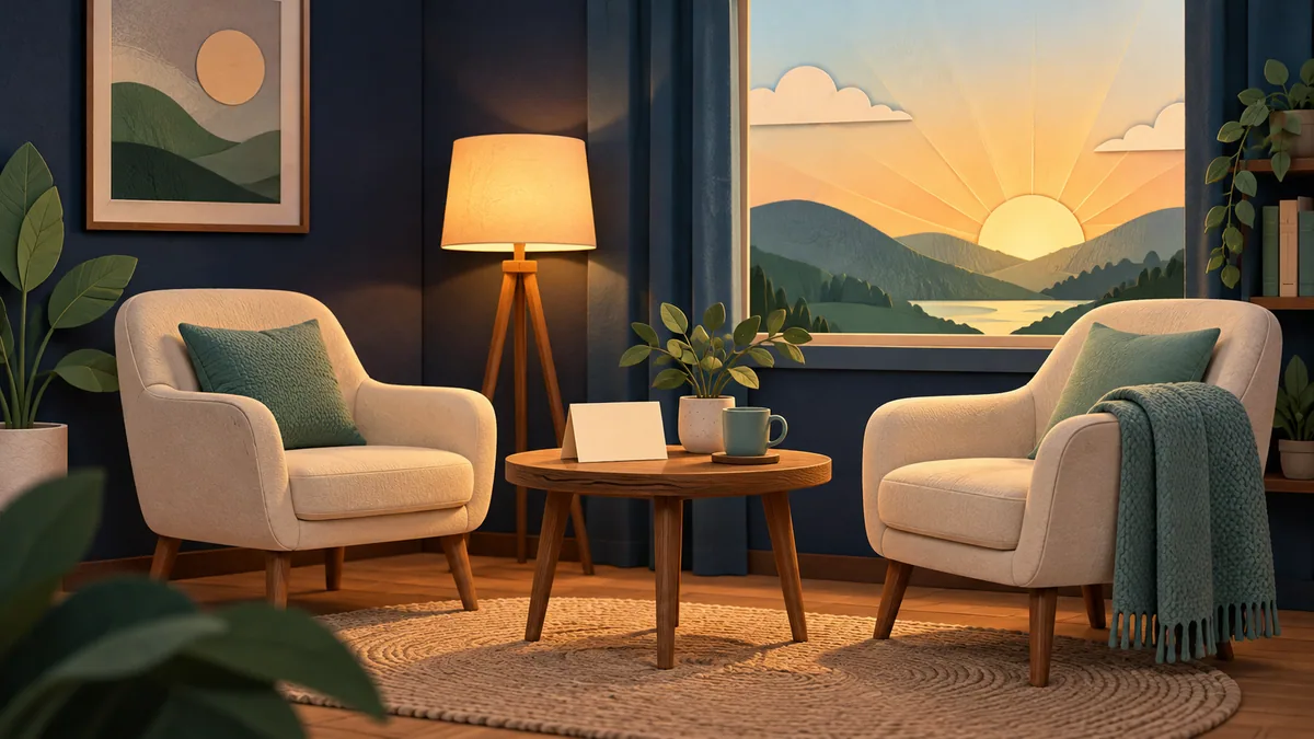 Duas poltronas e uma janela iluminada em uma ilustração sobre buscar apoio