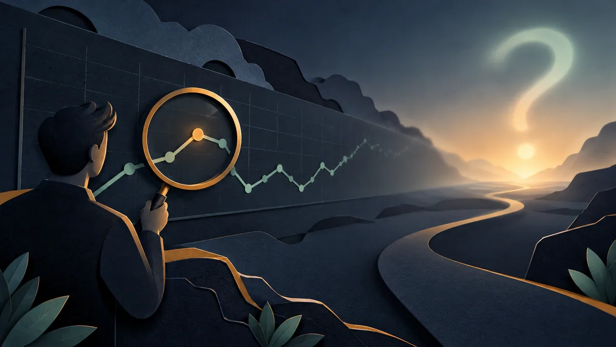 Lupa sobre gráfico passado e horizonte incerto em uma ilustração editorial