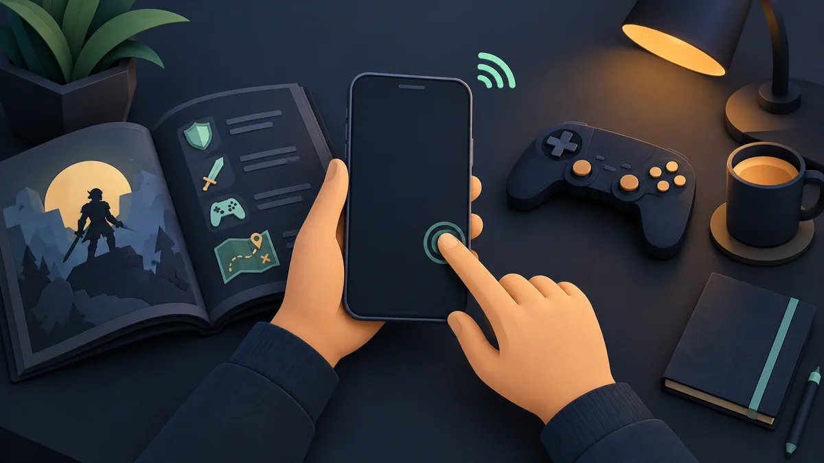 Pessoa tocando um celular com sinal de conexão em uma ilustração editorial