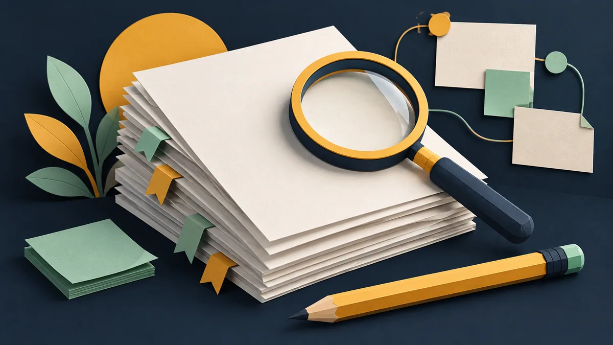Pilha de documentos, lupa e lápis em uma ilustração de pesquisa editorial