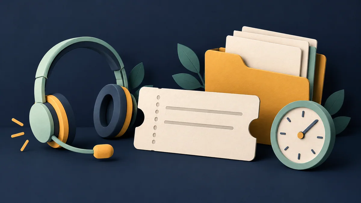 Fone de atendimento, relógio e documentos em uma ilustração sobre suporte